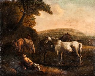 Manner of Philips Wouwerman (Dutch, 1619-1668)      Two Herdsmen with Horses and Cattle at Rest