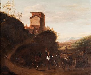 Dutch School, 17th Century      Three Peasant Men Dancing Near an Ox-drawn Haycart on a Winding Road