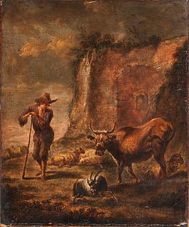 Dutch School, 17th Century      Herdsman with Livestock in a Landscape with Ruins