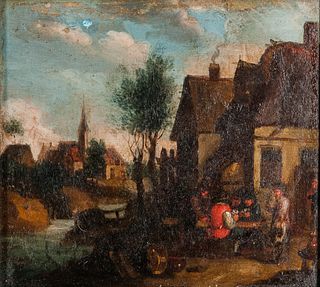 Dutch School, 17th Century Style      Village Scene with Stream and Figures Playing Cards Outside a Tavern