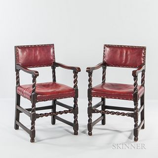 Pair of Leather-upholstered Oak Open Armchairs
