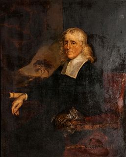 Flemish School, 18th Century, Gentleman with White Hair and Flat Linen Collar, Wearing One Glove, Seated in a Red Armchair Before a Win