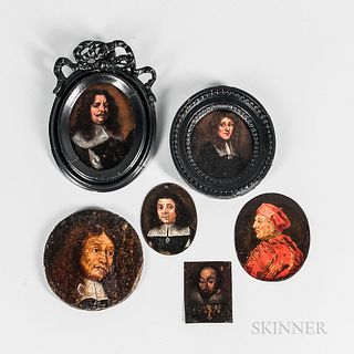 English and Dutch Schools, 16th/17th Century Style, Six Miniature Portraits of Men, Most in Black with Rectangular Linen Collars, One i