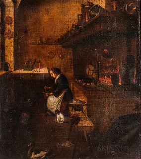 Manner of Thomas de Wijck (Dutch, c. 1616-1677), Kitchen Interior with Maid Working, with a Small Dog, Chickens, and Duck on the Floor