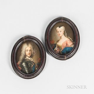 Continental School (Possibly French), 18th Century      Pair of Pendant Miniature Portraits of a King and Queen