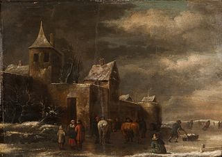 Dutch School, 17th Century      Dark Winter Day with Figures on the Ice Outside a Walled Town