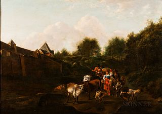 Dutch School, 18th Century      Heading to Market, Peasants and Livestock Outside a Walled Town