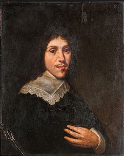 Dutch School, 17th Century      Bust-length Portrait of a Man in a Lace-trimmed Linen Collar with His Hand on His Chest