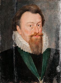 British School, 16th/17th Century, Portrait of a Gentleman with a Long Beard Wearing a Ruff and a Green Ribbon with a Suspended Decorat