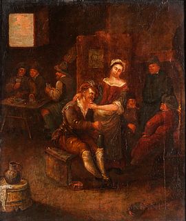 Dutch School, 17th Century Style      Tavern Interior with Foreground Couple, Card Players in Back