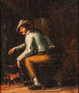Dutch School, 17th Century      Seated Man Tending a Cauldron at an Open Hearth
