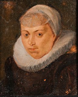 Dutch School, 17th Century Style      Head of a Woman in a Ruff and White Cap, Both Accented in Silver Pigment