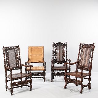 Three Carved Walnut and Caned High-back Open Armchairs and an Upholstered Walnut Open Armchair Frame