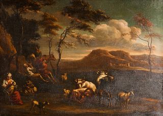 Dutch School, 17th Century Style      Peasants and Livestock Resting in a Hilly Landscape with Distant Town
