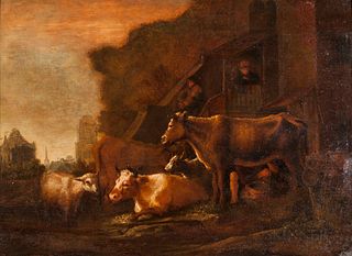 Dutch School, 17th Century      Cows and a Sheep by a Barn at Dusk, Town in the Background