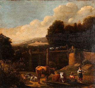 School of Nicolaes Berchem (Dutch, 1634-1683)      Sheep and Cattle at Rest with Herders Near a Tall Bridge