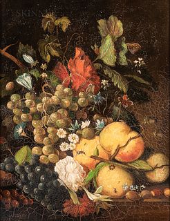 Dutch or German School, 19th Century Style      Still Life with Fruits, Flowers, and Insects