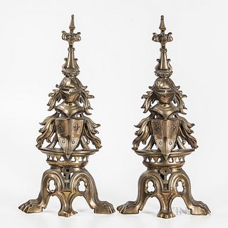 Pair of Heraldic-style Brass Andirons