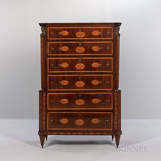 Neoclassical Mahogany-veneered Marquetry Tall Chest of Drawers