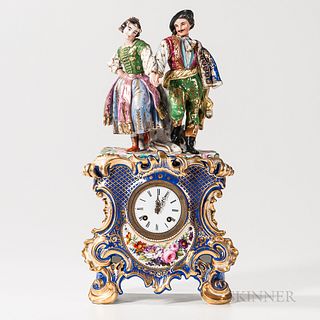 Gilt and Polychrome Decorated Porcelain Brevete Mantel Clock