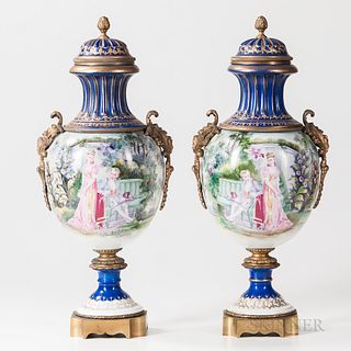 Pair of Polychrome Printed Porcelain Gilt-bronze-mounted Urns and Covers