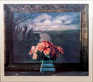 Ben Schonzeit (b. 1942): Roses with Dutch Landscape, For Great Performers at Lincoln Center 25th Anniversary