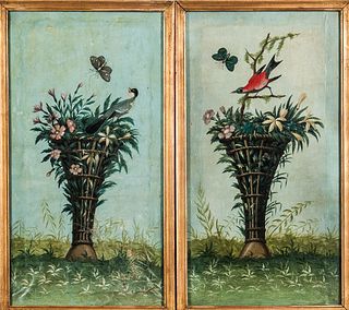 Continental School, 19th Century      Two Painted Panels of Flowers in Trumpet-shaped Baskets with Birds and Butterflies