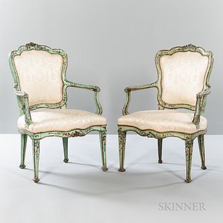 Pair of Louis XV-style Polychrome Painted Fauteuils