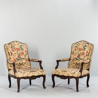 Pair of Louis XV Needlepoint-upholstered Walnut Fauteuils