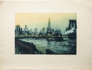 Georges Plasse (1878-1948): Skyline of Manhattan Seen from Brooklyn; Untitled (Grand Canyon); and Untitled (Two Dogs)
