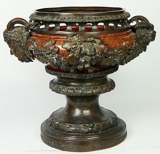 LARGE BRONZE & ROUGE MARBLE SATYRS URN
