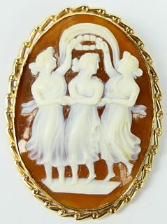 LARGE VTG. 14KT Y GOLD CAMEO OF THE THREE GRACES