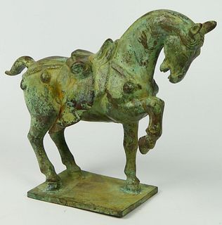CHINESE BRONZE TANG HORSE WITH GREEN PATINA