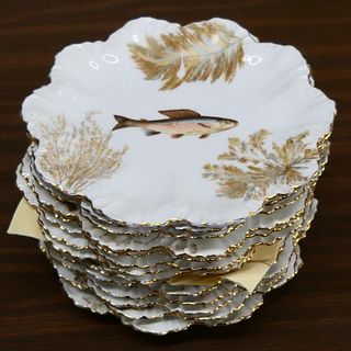 14 LIMOGES HAND PAINTED FISH SCALLOPED PLATES