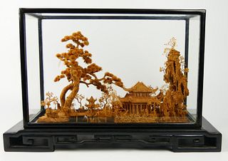 CHINESE BOXWOOD LANDSCAPE CARVING IN CASE