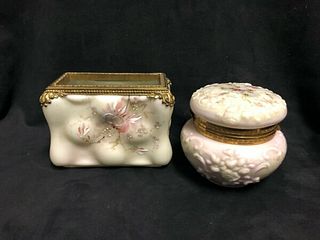 2 Pieces of Victorian Wavecest hand painted Glass Trinket/jewelery box