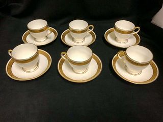 SET OF 6 MINTONS ENGLAND HAND PAINTED WHITE AND GOLD DEMI TASSE AND SAUCERS