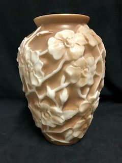 VINTAGE PHOENIX CONSOLIDATED GLASS VASE EMBOSSED WITH DOGWOOD DESIGN-FLOWERS