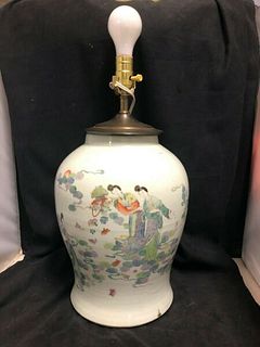 LARGE VINTAGE CHINESE CELADON BALUSTER LAMP 14" PAINTED WITH FIGURES