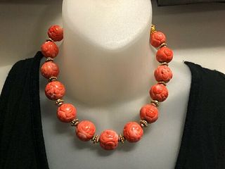 Masha Archer Short single strand Necklace with orange stained Coral spheres