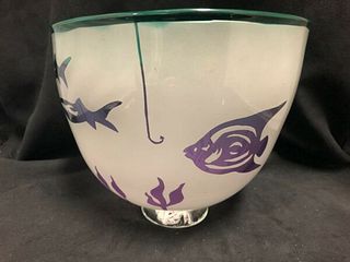 UNIQUE HAND BLOWNFROSTED GLASS BOWL WITH ETCHED PURPLE FISH DESIGN