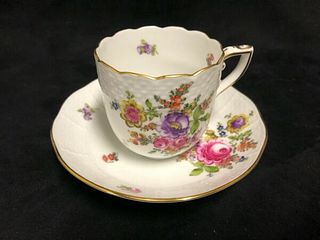 Small Herend Porcelain Demi Tasse and saucer hand painted with pretty flowers