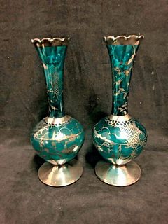  A Pair of  20th Century green glass vases with silver overlay