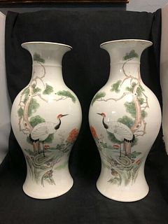 Pair of Antique Large T'ung Chih Matching Chinese Porcelain Vases With Storks