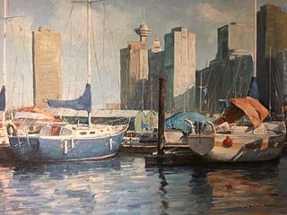 WILSON CHU BAYSHORE- VAN TIE UP CANADIAN OIL PAINTING ON CANVAS- VANCOUVER BC