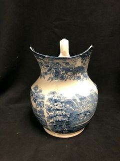 BLUE AND WHITE ENGLISH SWIFS SCENERY OPAQUE CHINA VICTORIAN PITCHER- 9" H