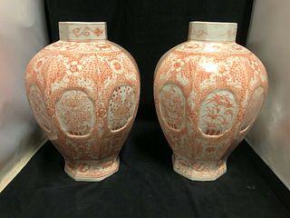PAIR OF LARGE VINTAGE VASES SOFT TANGERINE ON WHITE HAND PAINTED IN THAILAND