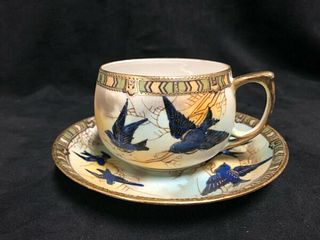 VINTAGE JAPANESE FINE PORCELAIN CUP AND SAUCER HAND PAINTED WITH BLUEBIRDS