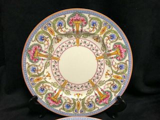 4 festive Royal Worcester Z698/2 Dinner Plate Yellow Urn with pink roses-greek