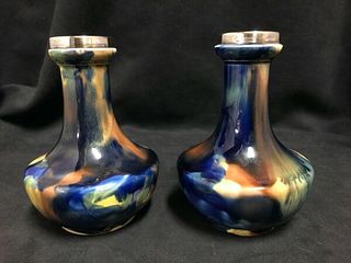PAIR OF TUNSTALL STYLE COLORFUL MOTTLED VASES WITH SILVER PLATE TOP